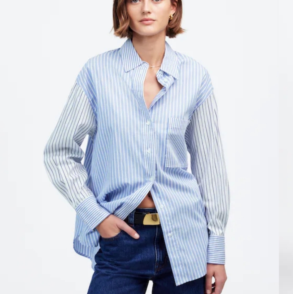 Madewell Oversized Button-Up Shirt NU472 Size M Blue White NWT